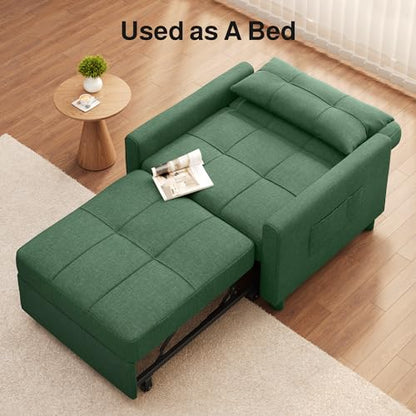 Convertible Sleeper Chair Sofa Bed, 3 in 1 Pull Out Chair, Green | 3 in 1 Chair Bed, Adjustable Backrest, Storage Pocket, Compact Fit for Living Rooms, Apartments, Guest rooms - color: Green