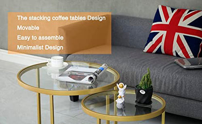 Round Nesting Coffee Table Gold Set of 2 for Living Room, Modern Side Tables with Sturdy Metal Frame and Tempered Glass.Minimalist End Table,Cocktail Table for Dining Room,Home Decor