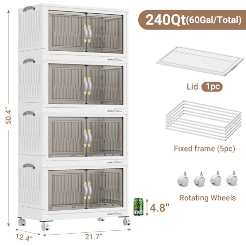BROVIEW 240Qt Stackable Storage Bins with Lid for Home Dorm, 4Pack White | Closet Organizers, Foldable & Collapsible Cabinets, Large Containers, Wheels & Magnetic Doors, Plastic Drawers for School - color: White, size: 60QT-4Pack