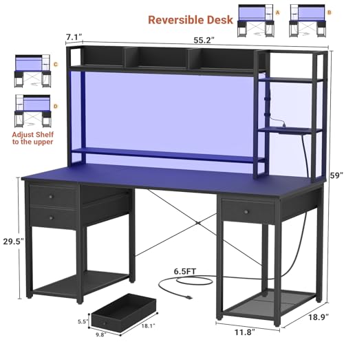 Aheaplus Desk with LED and Outlets, Gaming Desk with Hutch, 55.2'' Computer Desk with Drawers, Reversible Office Desk with Storage Bookshelf Large Workstation Desk with Shelf, Desk for Home, Black - color: Black, size: 55.2''