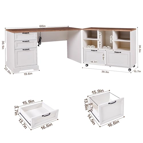 60"L-Shaped Executive Desk with 40"Adjustable File Cabinet,Farmhouse Home Office Desk with Charging Station,Office Desk with Storage Drawers,Wood Computer Desk Set for Office Work,Home Study - color: Off-white