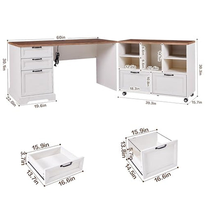 60"L-Shaped Executive Desk with 40"Adjustable File Cabinet,Farmhouse Home Office Desk with Charging Station,Office Desk with Storage Drawers,Wood Computer Desk Set for Office Work,Home Study - color: Off-white
