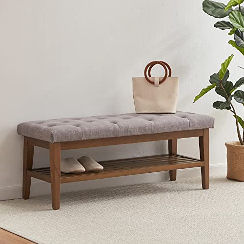 HUIMO Upholstered Entryway Shoe Bench, Button Tufted End of Bed Bench, Grey | with Solid Wood Slatted Shelf, Padded Ottoman Bench for Bedroom, Living Room, Entryway - color: Grey, style: French Country