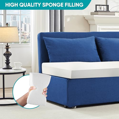 BALUS 43" W Queen Size Sleeper Couch Bed Pull Out Sofa with Pullout Beds, 2 in 1 Convertible Linen Single Sleepers Sofas Chair with Foldable Mattress and Pillows for Small Space Apartment, Blue - color: Blue, size: Queen