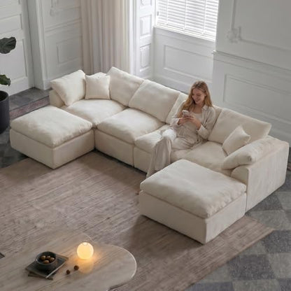 Cloud Couch Sectional for Living Room, Modular L Shaped Boneless Sofa with Chaise, Compressed No Assembly Couch, Deep Seat Chenille Upholstered Convertible Sofa Bed (Beige) (139″‌ U-Shaped White) - color: White