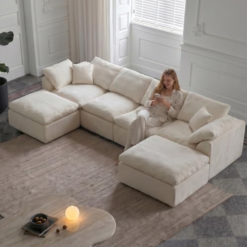 Cloud Couch Sectional for Living Room, Modular L Shaped Boneless Sofa with Chaise, Compressed No Assembly Couch, Deep Seat Chenille Upholstered Convertible Sofa Bed (Beige) (139″‌ U-Shaped White) - color: White