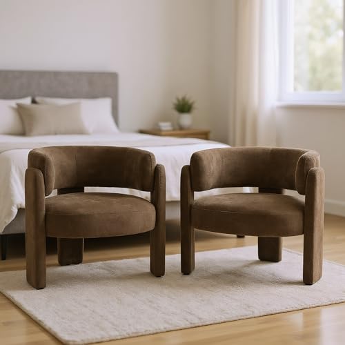 Modern Accent Barrel Chair,Mid Century Single Armchair with Curved Backrest Upholstered Side Reading Chair with 3 Legs Comfy Sherpa Chair for Bedroom Home Office Living Room (Brown,Set of 2) - color: Brown, size: Set of 2