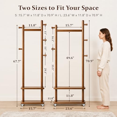 Small Clothes Rack Solid Wood Coat Rack Freestanding with Wheels | Space Saving, Stable 5 Hooks 2 Shelves Coat Tree, Silent 360 Degree Wheels, Heavy Duty 150 lb Capacity for Entryway Bedroom - color: Walnut Brown, size: S: 15.7" x W: 11.8" x H: 70" (With