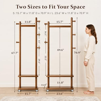 Small Clothes Rack Solid Wood Coat Rack Freestanding with Wheels | Space Saving, Stable 5 Hooks 2 Shelves Coat Tree, Silent 360 Degree Wheels, Heavy Duty 150 lb Capacity for Entryway Bedroom - color: Walnut Brown, size: S: 15.7" x W: 11.8" x H: 70" (With