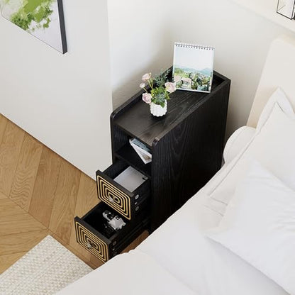 Narrow Nightstands Set of 2, Mid-Century Modern Bedside Table with Carved Drawer and Storage Shelf, Farmhouse Slim Side End Table for Bedroom and Living Room - color: Black-narrow Nightstands Set of 2