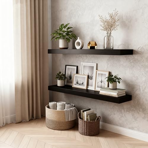 Floating Shelves for Wall(Set of 2)-36 Inch Black Wood Wall Shelf with Invisible Brackets for Bathroom,Bedroom,Drawingroom,Kitchen for Decor(Black,2pcs) - color: Black, size: 7.8"D x 36"W x 1.73"H