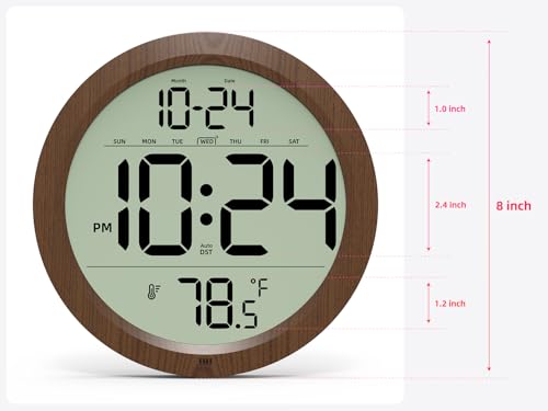 Digital Wall Clock Battery-Operated, 8 Inch Small Decorative Modern Wood Wall Clock with Date, Temperature, Auto-DST, Silent Electric Wall Clock for Bedroom, Living Room, Kitchen, Office, Farmhouse