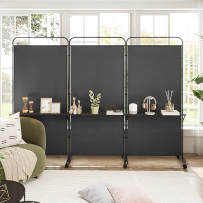 GOFLAME 3 Panel Room Divider with Storage Shelves, 6FT Folding Privacy Screen with Lockable Wheels, Portable Rolling Wall Divider, Freestanding Partition Screen for Room Separation, Black - color: Black