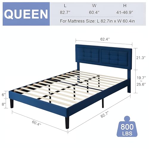 VECELO Queen Size Bed Frame, Adjustable Upholstered Button Tufted Headboard, Heavy-Duty Bedframe with Wood Slats Support, No Box Spring Needed, Aegean Blue - color: Aegean Blue, size: Queen, style: Bed Frame