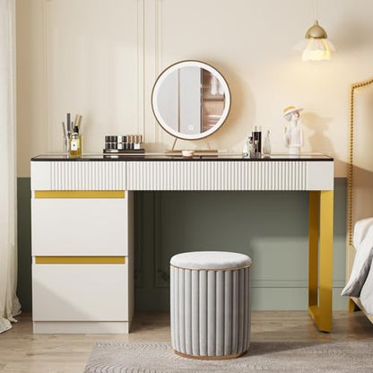 Tribesigns Vanity Desk with Glass Top, 4 Drawers Makeup Vanity Table | Modern Makeup Dresser Desk, White Gold Vanities with Visual Drawer for Bedroom