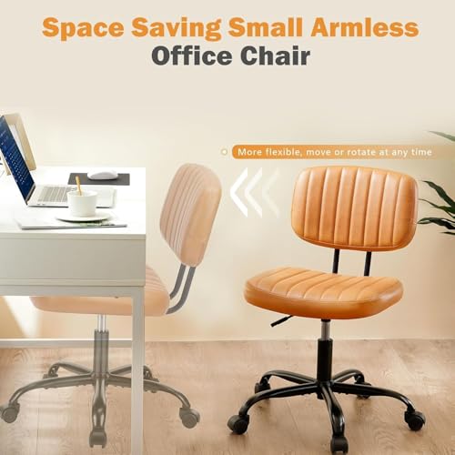 YSSOA Home Office Desk Chair Small Computer Chair Ergonomic with Low Back Lumbar Support, Height Adjustable Armless PU Leather Vanity Stool 360° Swivel Rolling Chair, Brown - color: Brown