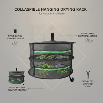 Collapsible Hanging Dryer with Zippered Mesh Layers, Space-Saving Foldable Air Drying Rack for Kitchen, Balcony, and Laundry (Black) - size: 23.62 x 23.62 x 21.65 in