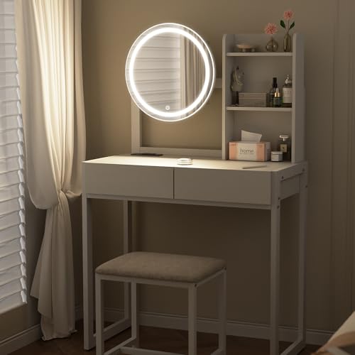 VFK Small Vanity Desk with Mirror and Lights, Makeup Vanity Table with LED Mirror, 3 Lighting Modes, Power Outlet, Drawer, Open Shelves and Cushioned Stool for Bedroom (White) - color: White
