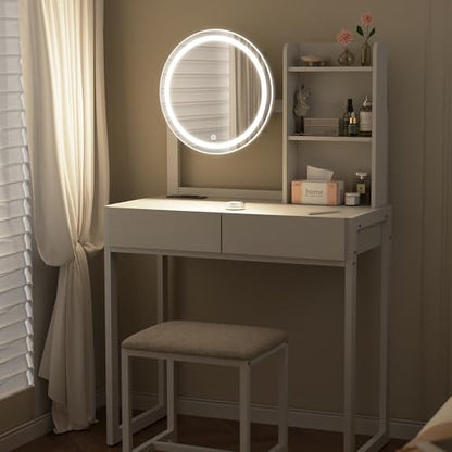 VFK Small Vanity Desk with Mirror and Lights, Makeup Vanity Table with LED Mirror, 3 Lighting Modes, Power Outlet, Drawer, Open Shelves and Cushioned Stool for Bedroom (White) - color: White