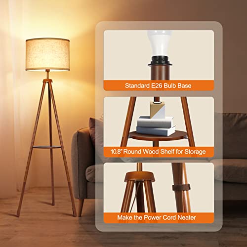 OUTON Wood Tripod Floor Lamp with Shelves, Mid Century LED Modern Dimmable Floor Lamp with Remote Control, Sturdy Tall Standing Lamp with Beige Linen Texture Shade for Living Room, Bedroom, Office - color: Walnut