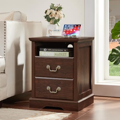 Farmhouse Night Stand with Charging Station, Walnut | 2 Drawers End Tables Bedroom, Bedside Table with Rustic Handles & Floor-Standing Thickened Foot & Open Shelf - color: Walnut, size: 18"D x 18"W x 24"H (2 Drawers)