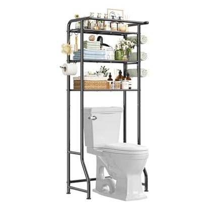 Simple Trending Over The Toilet Storage Cabinet, Metal Bathroom Shelf Organizer with Paper Holder and Hooks, 3 Tier, Black - color: Black With Towel Rack