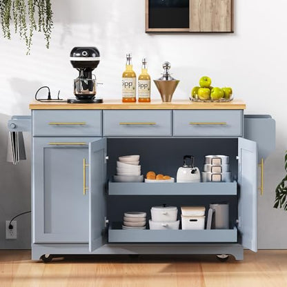 Kitchen Island with Trash Can Storage & Pull-Out Trays | Solid Rubberwood Countertop Kitchen Island on Wheels, Drop Leaf, Power Outlet, 3 Drawers - color: Grey
