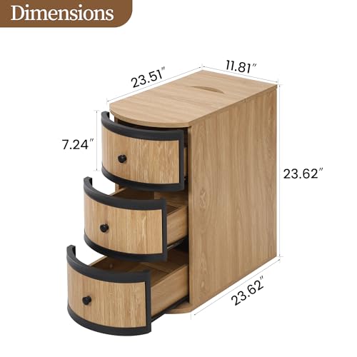 BERRYMERRY Narrow End Table with Charging Station, Modern Slim Nightstand Bedside Table with 3 Drawers for Bedroom Living Room, Natural Wood Grain, 11.81" W x 23.51" D x 23.62" H