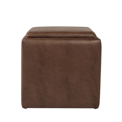 HomePop 17.5" Storage Ottoman with Tray Top - Brown Faux Leather - color: Brown Faux Leather