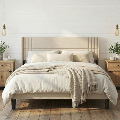 Gizoon King Bed Frame with Wingback Headboard, Upholstered Platform Bed | Bed Frame with Padded Headboard,Wooden Slats, Noise-Free, No Box Spring Needed, Easy Assembly,Beige - color: Beige, size: King
