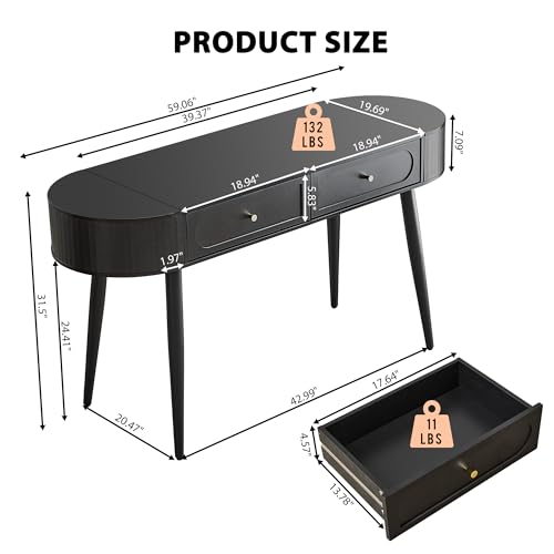 59" Black Home Office Desk, Multiple Storage Wood Writing Desk, MCM Elegant Fluted Table Desk with 2 Flip Hide Storage + 2 Drawer for Apartment (Black) - color: Black-59 Inch