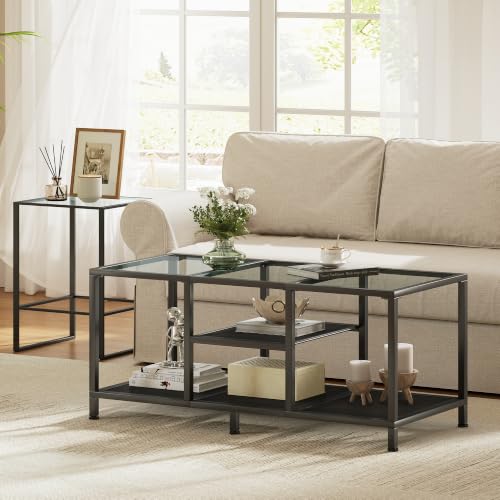 Glass Coffee Table, Minimalist Center Table for Living Room | Modern Coffee Table with Metal Frame & Open Storge, Easy Assembly, Coffee Tables for Small Space, 34.3" x 19" x 15.4", Black - color: Black