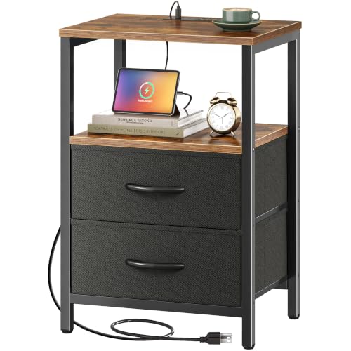 Huuger Nightstand with Charging Station, Side Table with Fabric Drawers, End Table with Open Shelf, Bedside Table with USB Ports and Outlets, Night Stand for Bedroom, Rustic Brown and Black | End Table with Open Shelf, Bedside Table with USB Ports and Out