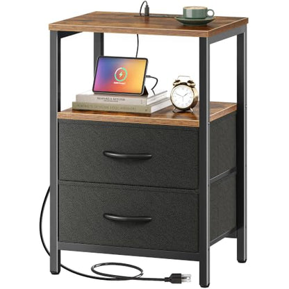 Huuger Nightstand with Charging Station, Side Table with Fabric Drawers, End Table with Open Shelf, Bedside Table with USB Ports and Outlets, Night Stand for Bedroom, Rustic Brown and Black | End Table with Open Shelf, Bedside Table with USB Ports and Out