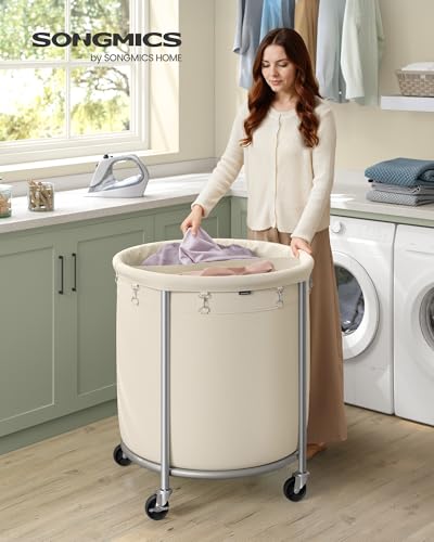 SONGMICS Laundry Basket, Rolling Steel Frame with 2 Locking Wheels, 240 L | Heavy-Duty Laundry Hamper Cart with Removable Bag, Cream White and Metallic Silver, URLS012W01 - color: Cream White + Metallic Silver, size: 240 L (2-Section)