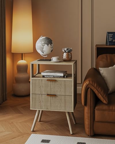 Leomonio Grey Nightstand,Modern Bedside Table with 2 Storage Drawer and Open Wood Shelf, for Bedroom and Small Spaces,Night Stand with Solid Wood Legs,Grey Oak - color: Grey Oak