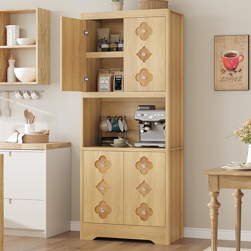 Garvee 72" Tall Pantry Cabinet, Kitchen Hutch Storage Cabinet with Countertop for Microwave, Freestanding Wooden Cupboard with Carved Door & Crystal Handle, for Dining Room, Living Room, Light Oak - color: Light Oak