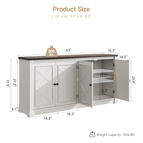 63 Inches Buffet Cabinet with Storage, Large Sideboard Cabinet with 4 Barn Doors, Adjustable Shelves, Wood Coffee Bar Station for Kitchen, Living Room, Off White - color: Off White