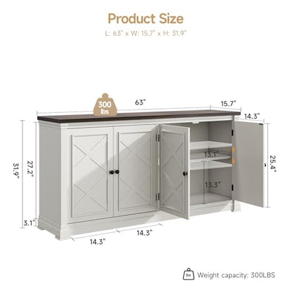 63 Inches Buffet Cabinet with Storage, Large Sideboard Cabinet with 4 Barn Doors, Adjustable Shelves, Wood Coffee Bar Station for Kitchen, Living Room, Off White - color: Off White