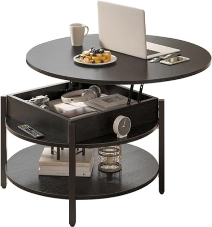 FABATO 26.77” Round Lift Top Coffee Table with Storage, Black | Farmhouse Coffee Table, 2 Tier Small Round Center Table, Center Table for Living Room, Circle Dining Table - color: Black