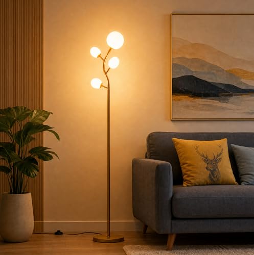 Fiqevs 4 Globe Floor Lamp for Living Room, Mid Modern Standing Tree Lamp | 3000K Warm Light, 4 LED Bulbs Included, Sphere Ball Frosted Glass Shade Tall Lamp for Bedroom/Office, Antique Brass/Gold - color: 4 Globe Tree- Gold
