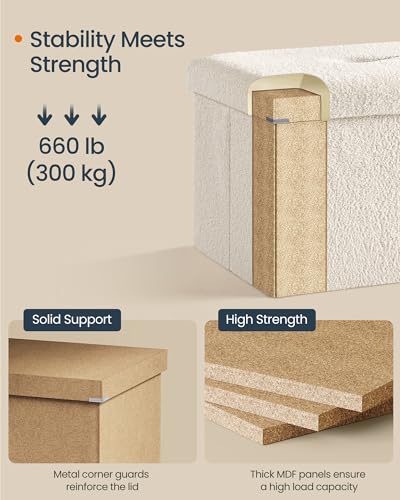 SONGMICS Large Folding Storage Ottoman Bench, 15 x 43 x 15 Inches | Foot Rest Stool, Load up to 660 lb, Cream White and Ink Black, MINOTA Collection ULSF097W01 - color: Cream White, size: 15"D x 43"W x 15"H, style: Rectangle