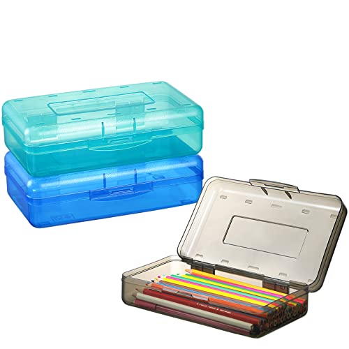 Sooez 3 Pack Pencil Case, Large Hard Pencil Box Bulk, Clear Crayon Box | Marker Pen Organizer, Plastic Storage Container with Snap Lid, Stackable Art Craft Organizer Back to School Supplies - color: Green,Dark gray,Navy blue