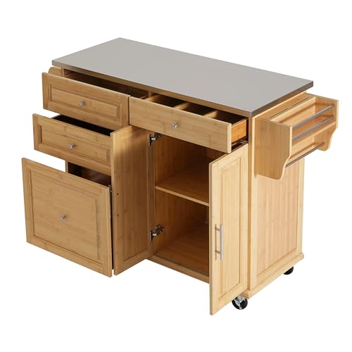 Christopher Knight Home Tredy Bamboo Rolling Cart with Drawers, Kitchen Bar Cart on Wheels with Stainless Steel Top, Rolling Kitchen Cart Storage Cabinet, Serving Cart, 50.8'' x 18.5'', Natural - size: Medium