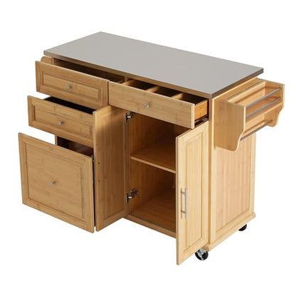 Christopher Knight Home Tredy Bamboo Rolling Cart with Drawers, Kitchen Bar Cart on Wheels with Stainless Steel Top, Rolling Kitchen Cart Storage Cabinet, Serving Cart, 50.8'' x 18.5'', Natural - size: Medium