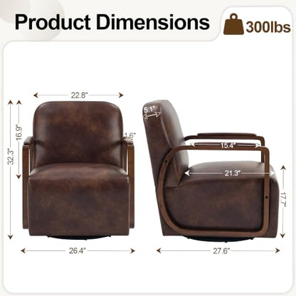Faux Leather 360° Swivel Barrel Accent Chair, Upholstered Mid Century Modern Reading Lounge Chair with Wooden Armrests & Solid Rotating Metal Base for Living Room Bedroom, Dark Brown - color: Dark Brown, size: 1 Pack