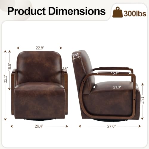 Faux Leather 360° Swivel Barrel Accent Chairs Set of 2, Upholstered Mid Century Modern Reading Lounge Chair with Wooden Armrests & Solid Rotating Metal Base for Living Room Bedroom, Dark Brown - color: Dark Brown, size: 2 Pack