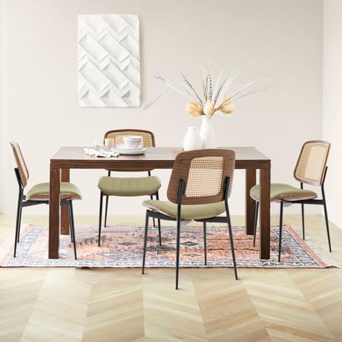 Rattan Dining Chairs Set of 4,Mid Century Green PU Leather Kitchen Chairs,Upholstered Seat Metal Legs Chairs with Adjustable Foot Pads,Walnut Armless Side Chairs - color: Green, size: Set of 4