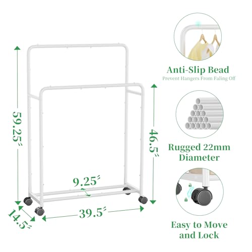 Simple Trending Clothing Clothes Rack, Double Rod Garment Rack, White | Portable Closet with Bottom Shelf, Anti-Slip Stoppers, 360° Lockable Wheels, Multiple Uses, Bedroom, Laundry Room - color: White