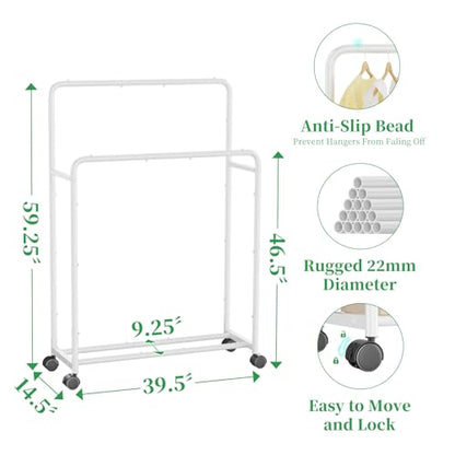 Simple Trending Clothing Clothes Rack, Double Rod Garment Rack, White | Portable Closet with Bottom Shelf, Anti-Slip Stoppers, 360° Lockable Wheels, Multiple Uses, Bedroom, Laundry Room - color: White